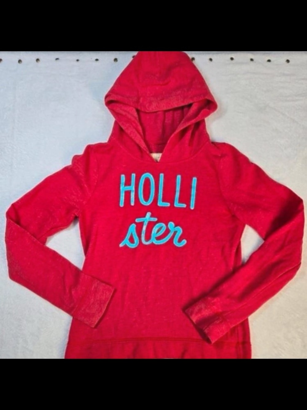 Hollister Bright Red Hooded Logo Sweatshirt with Teal Lettering